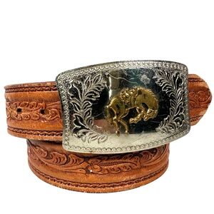 Western belt bronco riding Brown Leather Silver Gold Buckle rodeo tooled vintage